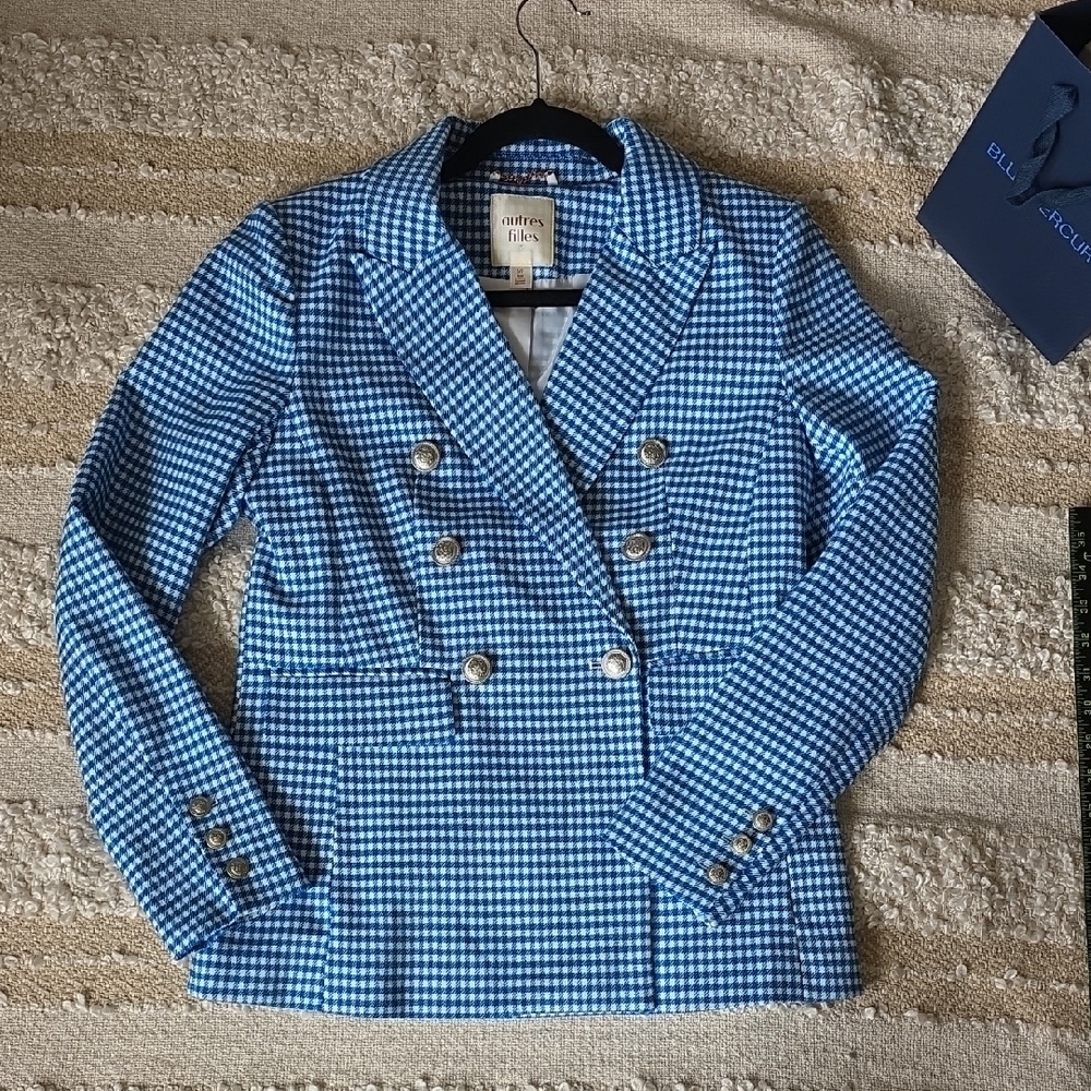 Autres Filles Blue White Gingham Houndstooth Double Breasted Blazer Small